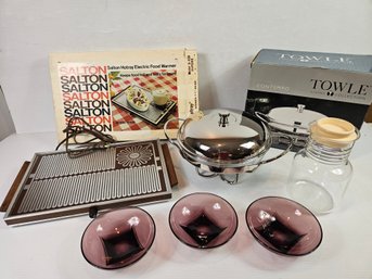 Salton Food Warming Tray, Towle 2.5 Quart Covered Warmer, Pitcher, Three Amethy St Bowls