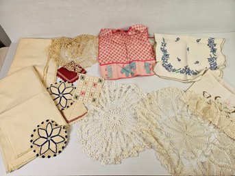 Vintage Cloth-  Bib, Pot Holders, Card Table Cloth, Runner, Few Doilies