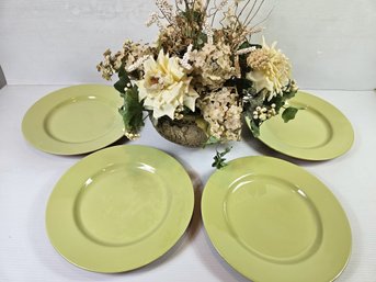 Four Nice Plastic Plates,  Heavy Pot With Arrangement