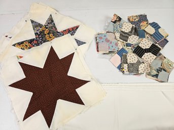 Two Quilts That Need Finished- Large Star 15x15 Some Yellowing, Small Hand Sewn 4.5 Inch Square