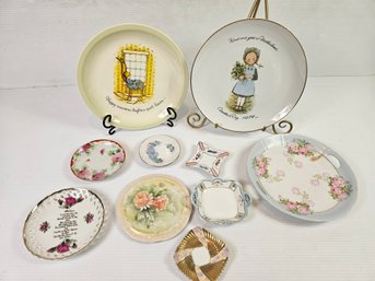 Two Plates With Metal Holders, Several Pretty Plates