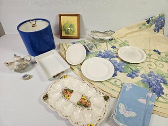 Miscellaneous Kitchen Items, 60 In Round Tablecloth, Four Butterfly Napkins, Ice Bucket, Pill Box Etc