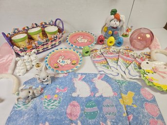 Easter Lot - Placemats, Napkin Rings, Plates, Ceramic Bunnies, Basket Etc