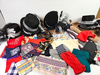 Plastic Decorated Party Hats, Lots Of Scarves, Shoals, Couple Gloves, Bandanas
