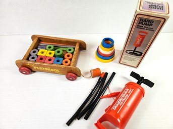 Vintage Playskool Wagon With Blocks, Hand Pump, Stacking Toy