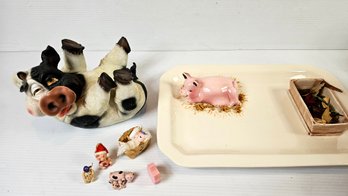 Pig Lot - La Ceramic Hand Painted Serving Tray, Wine Bottle Holder, Few Miniatures