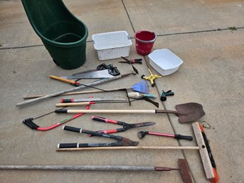 Garden Tote With Miscellaneous Tools, White Basket Has Small Crack- Some Rust On Tools