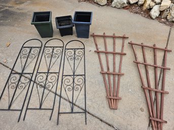 Five Trellis - 2 Wooden And Three Metal All Four Foot Tall, Three Plastic Pots