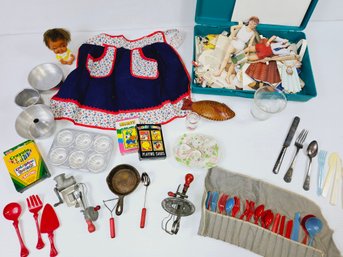 Vintage Doll Bakeware, Fish Coin Purse, Miniature Tea Set, Cards, Bordens Miniature Milk Bottle