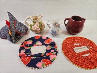 Three Ceramic Pitchers, Two Pie Carriers, Chicken Warmer For Buns