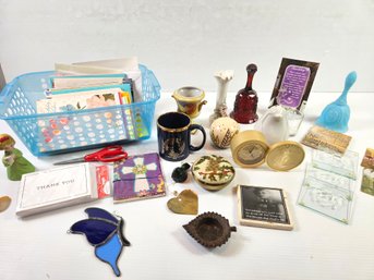 Cards, Avon Red Bell, Bulova Lady Liberty Coin Quartz Alarm Clock, Miscellaneous Item- Some Vintage