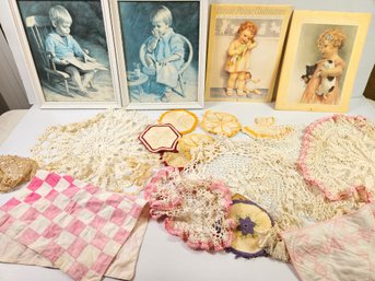 Two Vintage 13x16 Children Prints, Bessie Pease Gutmann Calendars, Lots Of Crochet Items