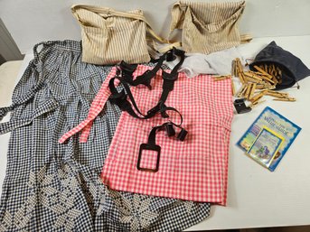 Two Vintage Aprons, Navy Has A Couple Holes, Clothes Pins With Bags, Over The Door Organizer