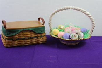 2002 Christmas Collections Longaberger Basket, Ceramic Basket With Easter Eggs