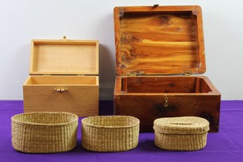 Two Wood Boxes, One Cedar With Broken Hinges, Three Small Baskets