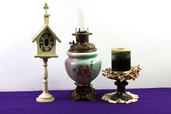 Antique Lamp, Candle With Stand, Decorative Birdhouse