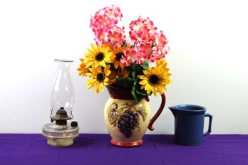 Certified International Kate McRestio Ceramic Pitcher, Oil Lamp, Blue Ceramic Pitcher - Chipped