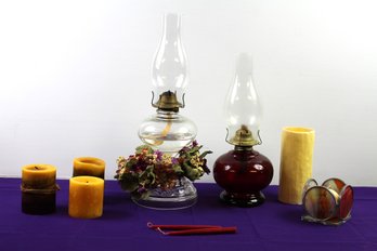 Two Oil Lamps And Candles