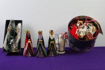Two Tins, Three Ornaments, Lights, Wisemen, Snowman