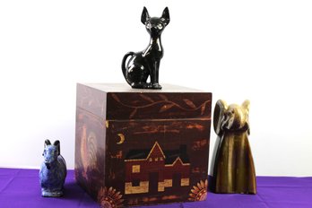 Wooden Box 11.5 Square, Elephant, Goat, Cat Sculptures