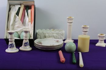 Four Shell Shaped Dessert Plates, Candles And Candle Holders