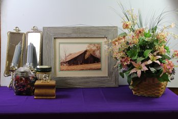 Barn Picture 21-in Wx17-in H, Floral Arrangement In A Basket, Two Candle Sconces, Potpourri