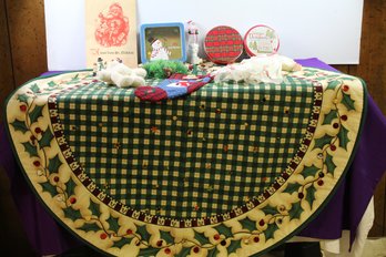 Christmas Tree Skirt, 3 Christmas Tins, Stocking, Angel, Bear, Night Light And ' A Visit From Saint Nicholas'