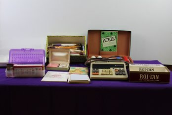 Adding Machine, Poker Chips, Cards, Pens And Pencils