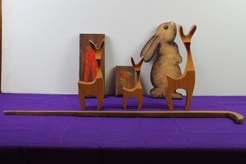 Wood Artwork, Deer, Rabbit, Cane