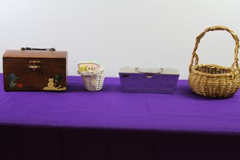 Vintage Wood Trinket Box, Two Small Baskets, Small Metal Box, 1950s Dorset Rex Purse