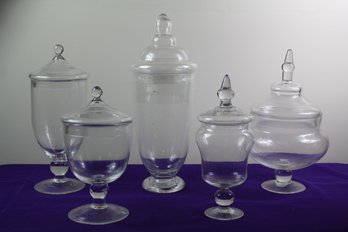 Five Glass Apothecary Jars, 12 Inch To 19 Inch Tall With Tote