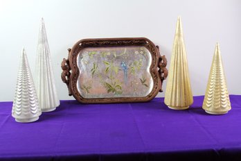Serving Tray And Four Lighted Christmas Trees