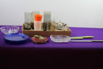 Miscellaneous Glasses, Four Blue Salad Plates, Two Candy Dishes, Spoon Rest