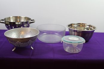 Two Strainers, Glass And Aluminum Bowl