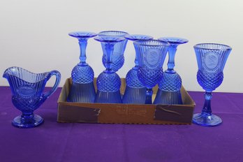Avon Fostoria Cobalt Blue Goblets, 7, Blue Creamer Pitcher