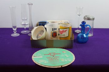 Three Small Vases, Two Beer Glasses, Vintage Cobalt Blue Crackle Cruet With Stopper