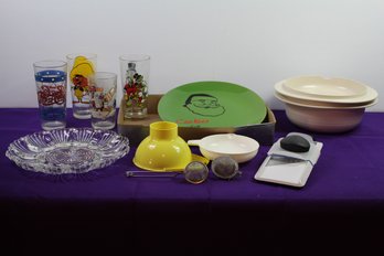 Four Glass Cups, Deviled Egg Tray, Tea Diffuser, Santa Plate, Vegetable Slicer