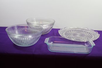 Two Glass Serving Bowls, 2.2 Quart Pyrex Dish, Serving Platter