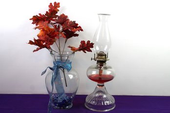 Oil Lamp And Glass Vase