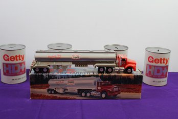 1975 Texaco Tanker Truck, 4 Getty Can Banks