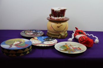 Three Christmas Plates, Snowman Cookie Jar, Storage Gift Box