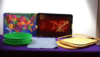 Bamboo Tray, Green Plastic Round Carrier, Serving Tray