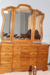 Very Nice Oak Dresser, Nine Drawers With Three Section Mirrors 64 X 34