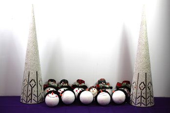 Snowmen Head Ornaments, Two White Trees 24 In Tote With Lid
