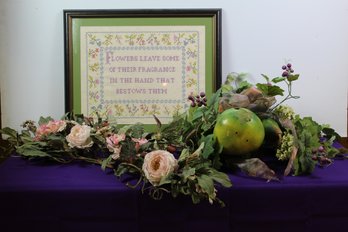 Framed Cross Stitch And Two Floral Arrangements