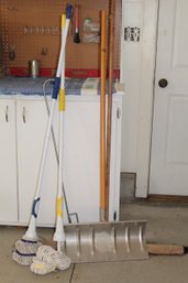 Two Mops, Broom, Snow Shovel