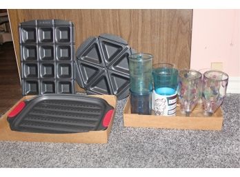 Assortment Of Glass & Plastic Stemware, Cups And Mugs, Two Small Pyrex Dishes, Metal Steaming Tray