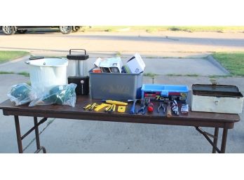 Tools, Crate With Light Bulbs, White Pail, 2 Garden Cemetery Vases