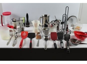Two Boxes Of Kitchen Utensils, Measuring Cups, Sifter