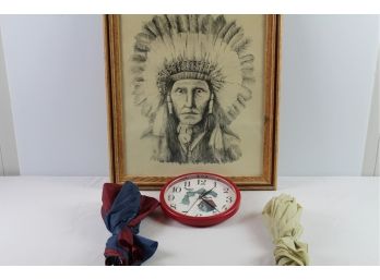 Indian Drawing, Two Umbrellas, Clock